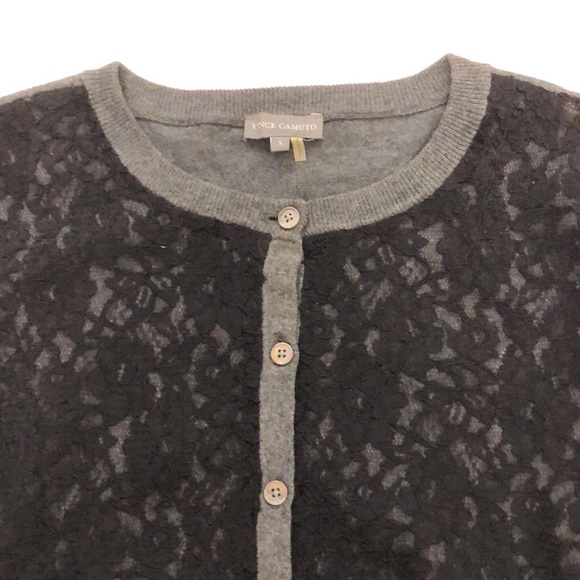 Vince Camuto S Cardigan Grey Sweater Black Lace Button Down Excellent Condition - Picture 1 of 7